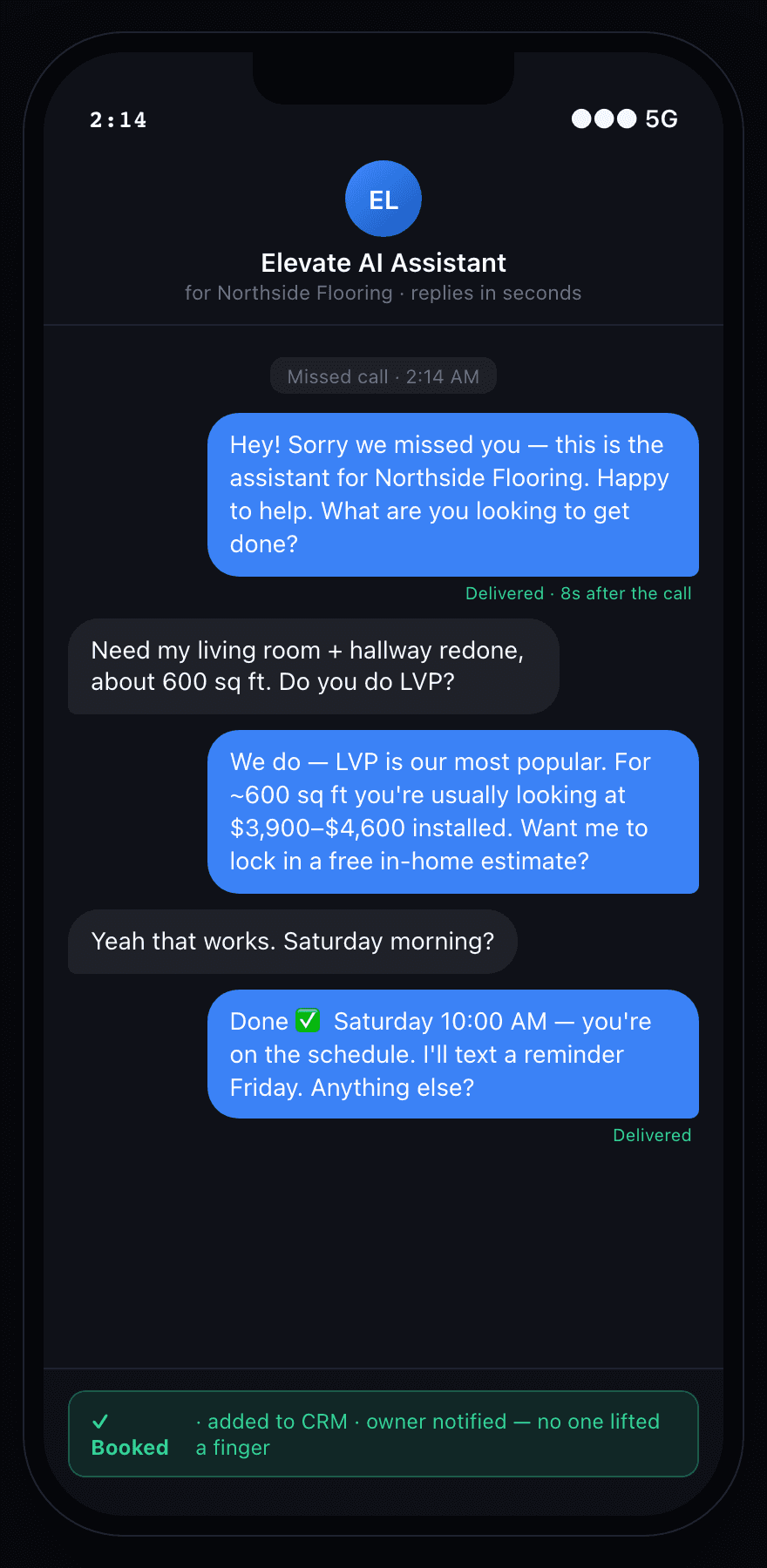 AI receptionist conversation booking a job