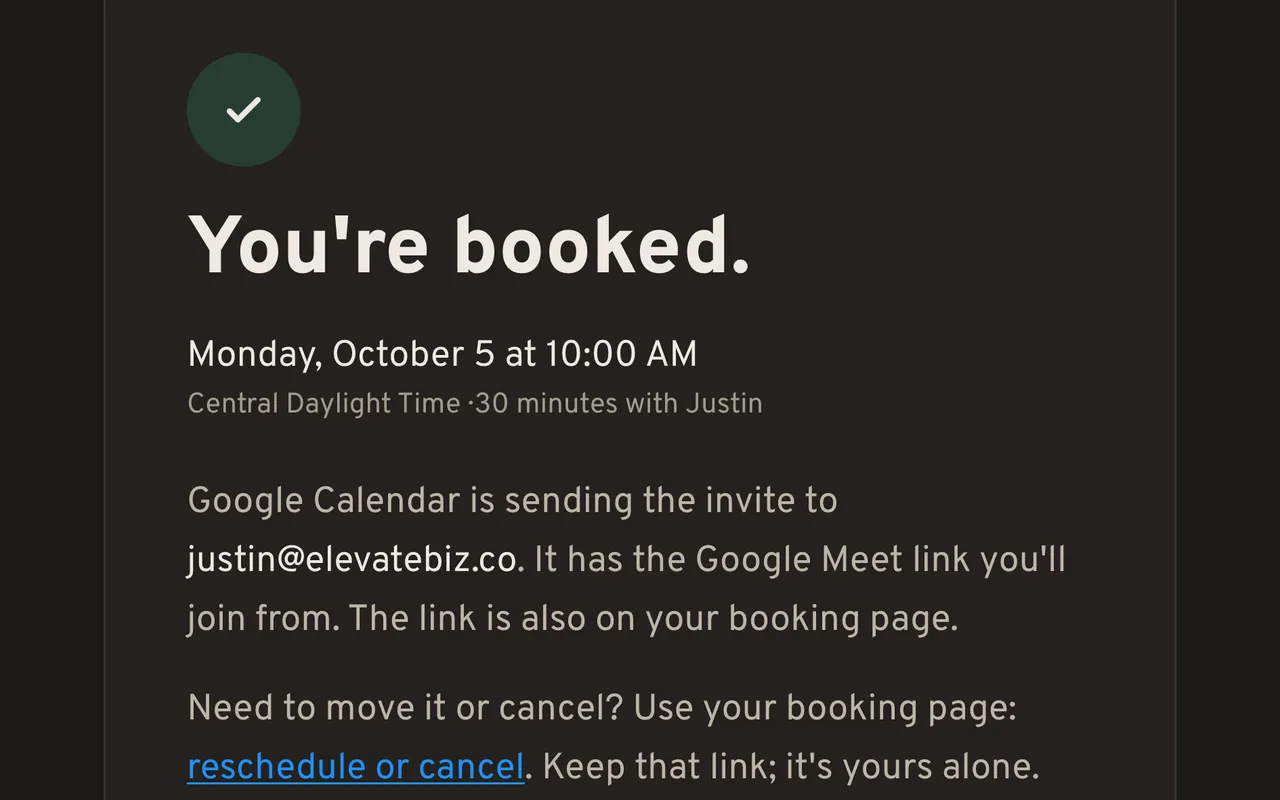 The confirmation page after a test booking: the call time, the invite note and the link to reschedule or cancel