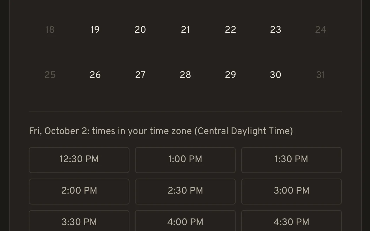The booking page on elevatebiz.co: a month calendar and the open half-hour times for the selected day, in Central time