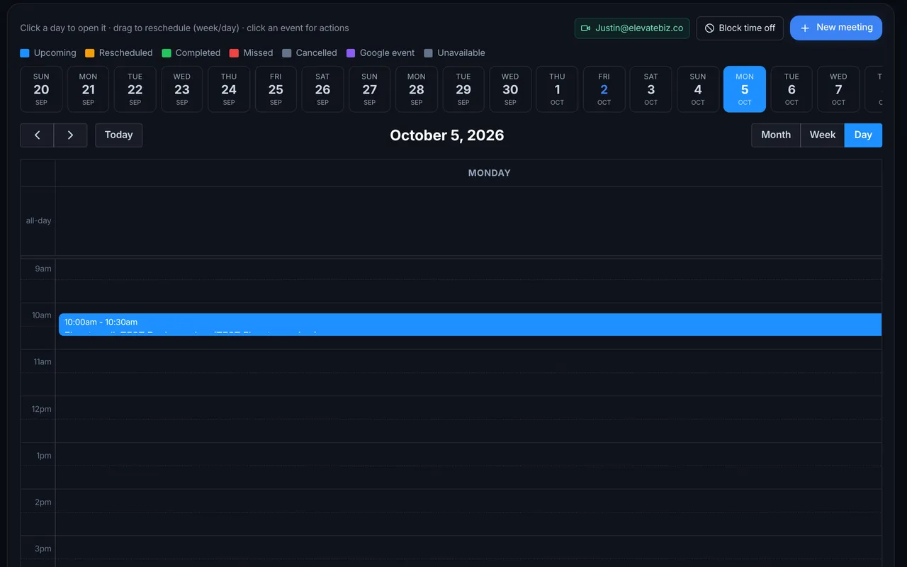 The Elevate CRM calendar in day view, with a test call booked from this site in the morning slot