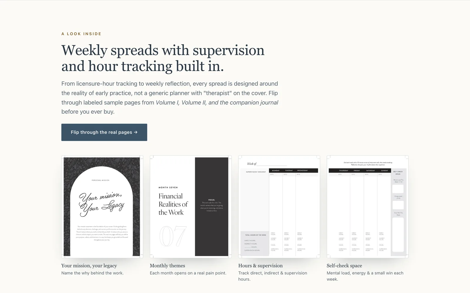 The 'Weekly spreads with supervision and hour tracking built in' section: four sample planner pages labeled Your mission, your legacy; Monthly themes; Hours and supervision; and Self-check space.