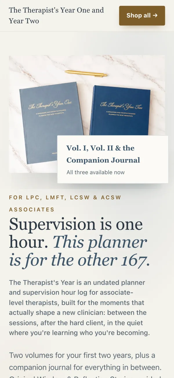 Loam & Light on a phone: the two planner books on marble with a card reading 'Vol. I, Vol. II & the Companion Journal', then the headline 'Supervision is one hour. This planner is for the other 167.'