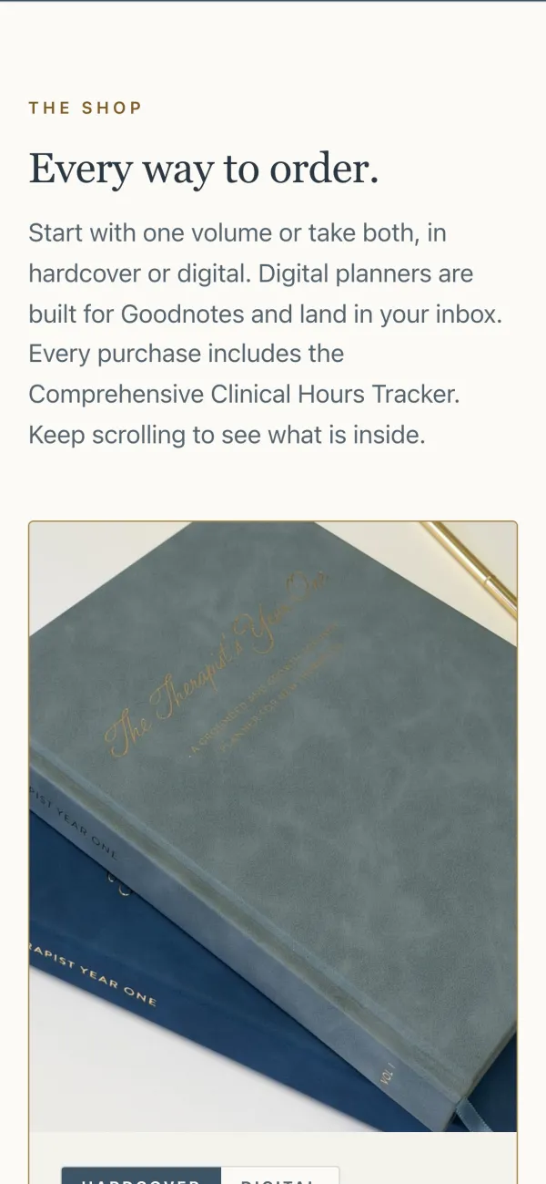The shop section on a phone: the heading 'Every way to order', a short intro, and a photo of the Volume I planner lying on top of Volume II.
