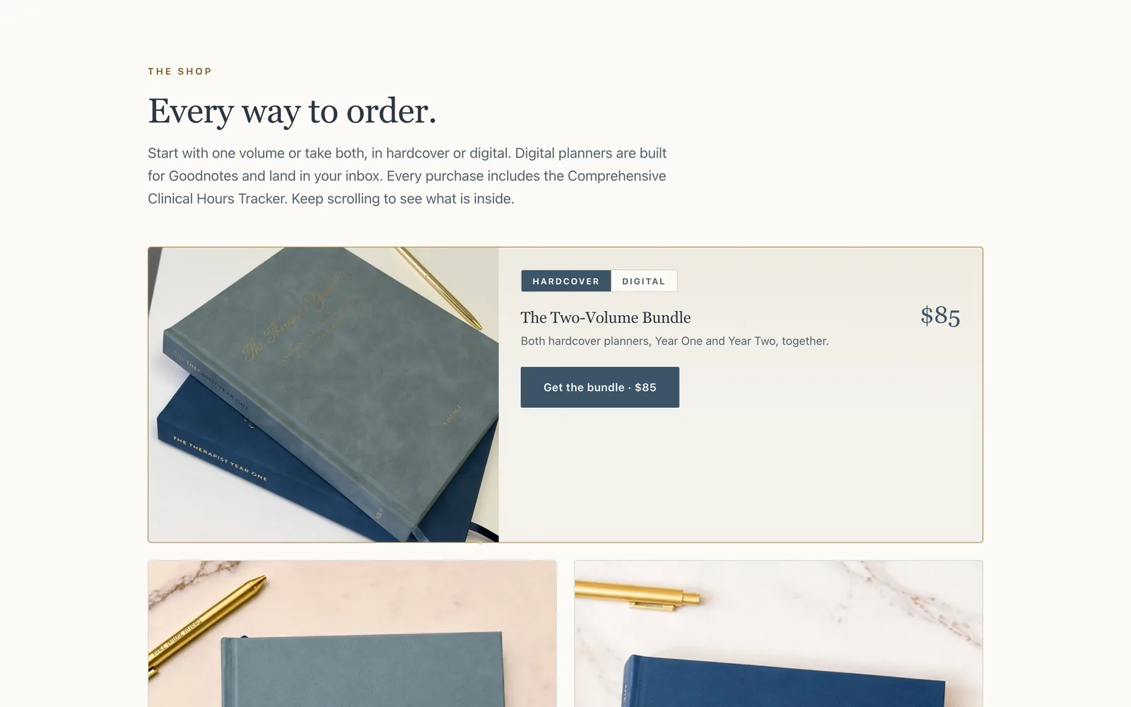 The 'Every way to order' shop section: a photo of the two planners stacked, a Hardcover and Digital switch, the Two-Volume Bundle and a Get the bundle button.