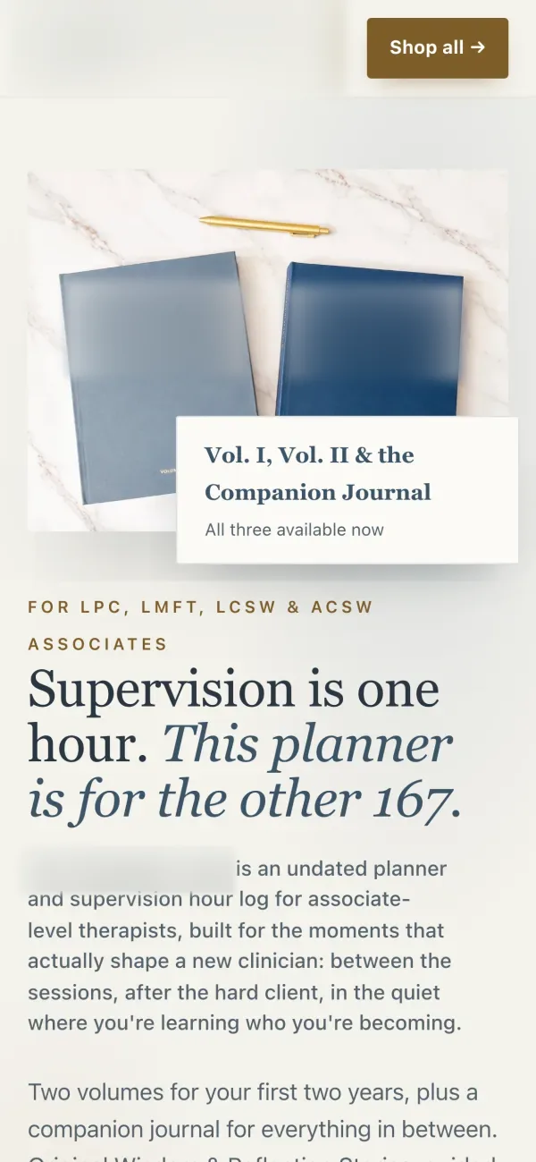 The planner store on a phone: the two planner books on marble with a card listing the two volumes and the companion journal, then the headline about the hours outside supervision. The brand name and book titles are blurred.