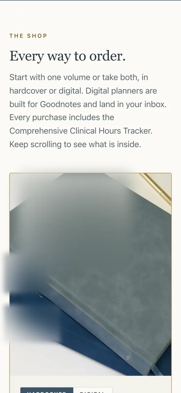 The shop section on a phone: the heading 'Every way to order', a short intro, and a photo of the Volume I planner lying on top of Volume II.