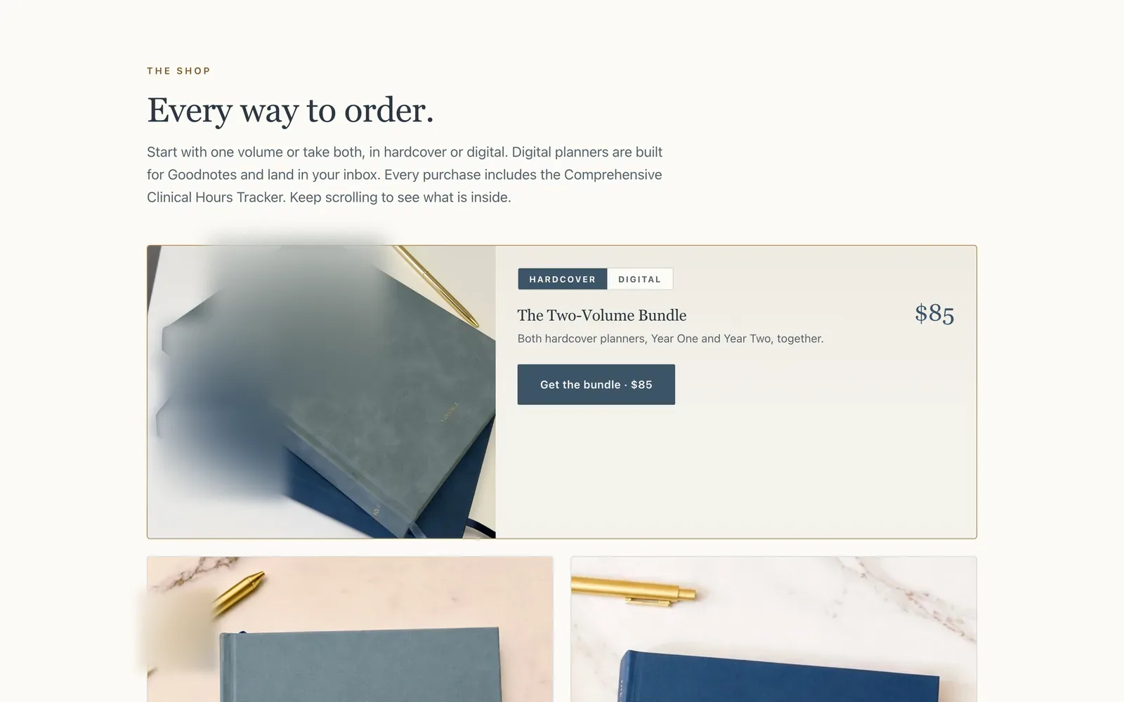 The 'Every way to order' shop section: a photo of the two planners stacked, a Hardcover and Digital switch, the Two-Volume Bundle and a Get the bundle button.