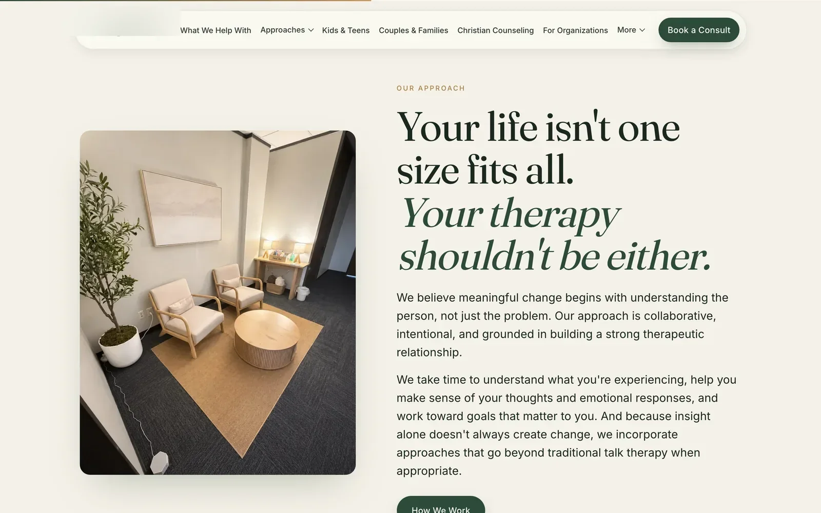 Desktop capture of the approach section: the heading "Your life isn't one size fits all. Your therapy shouldn't be either." beside a photo of the counseling room with two cream armchairs, a round wood table and a potted olive tree.