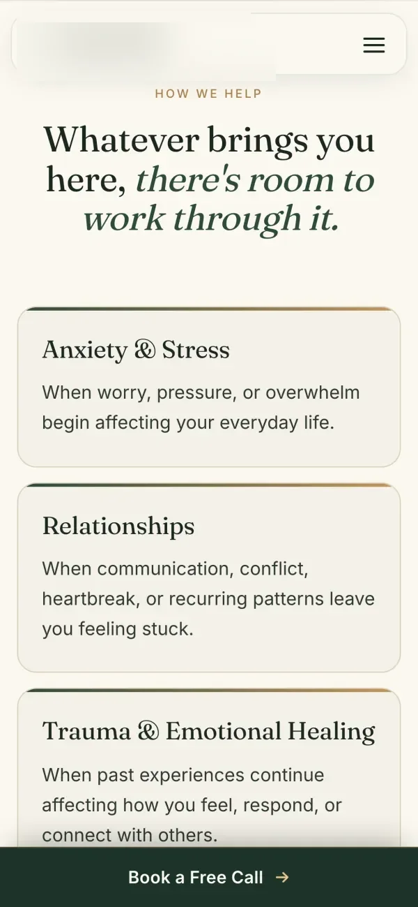 Phone capture of the section "Whatever brings you here, there's room to work through it" with stacked cards for anxiety and stress, relationships, and trauma and emotional healing, above a pinned Book a Free Call bar.