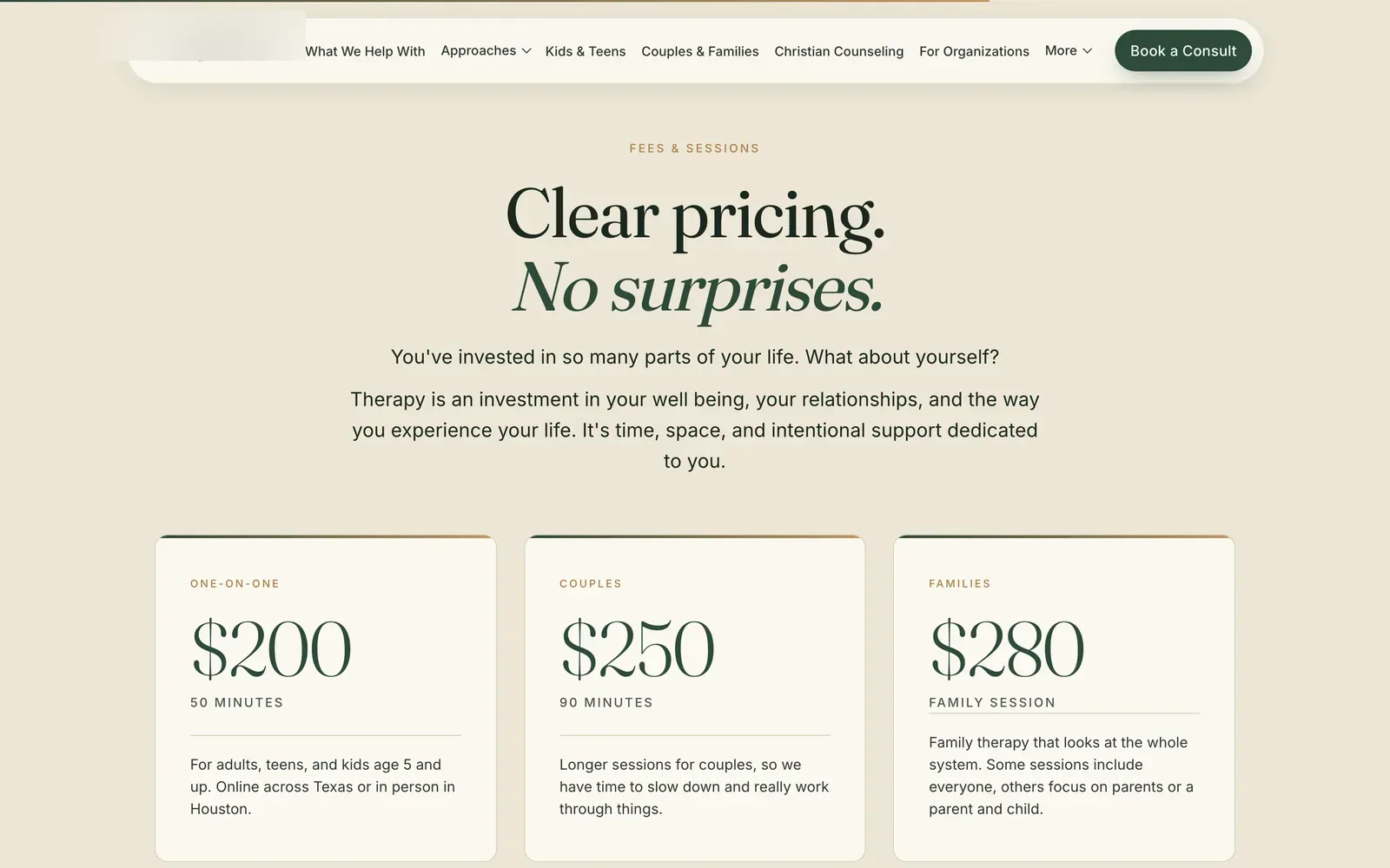 Therapy practice website fees page headed Clear pricing, No surprises, listing sessions at $200, $250 and $280