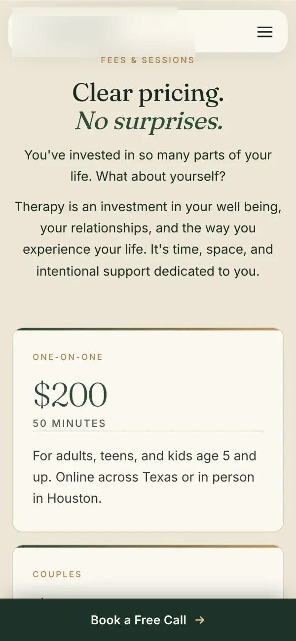 The same fees page on a phone, with a Book a Free Call bar at the bottom
