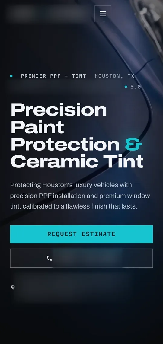 The same shop website on a phone, with the estimate and call buttons