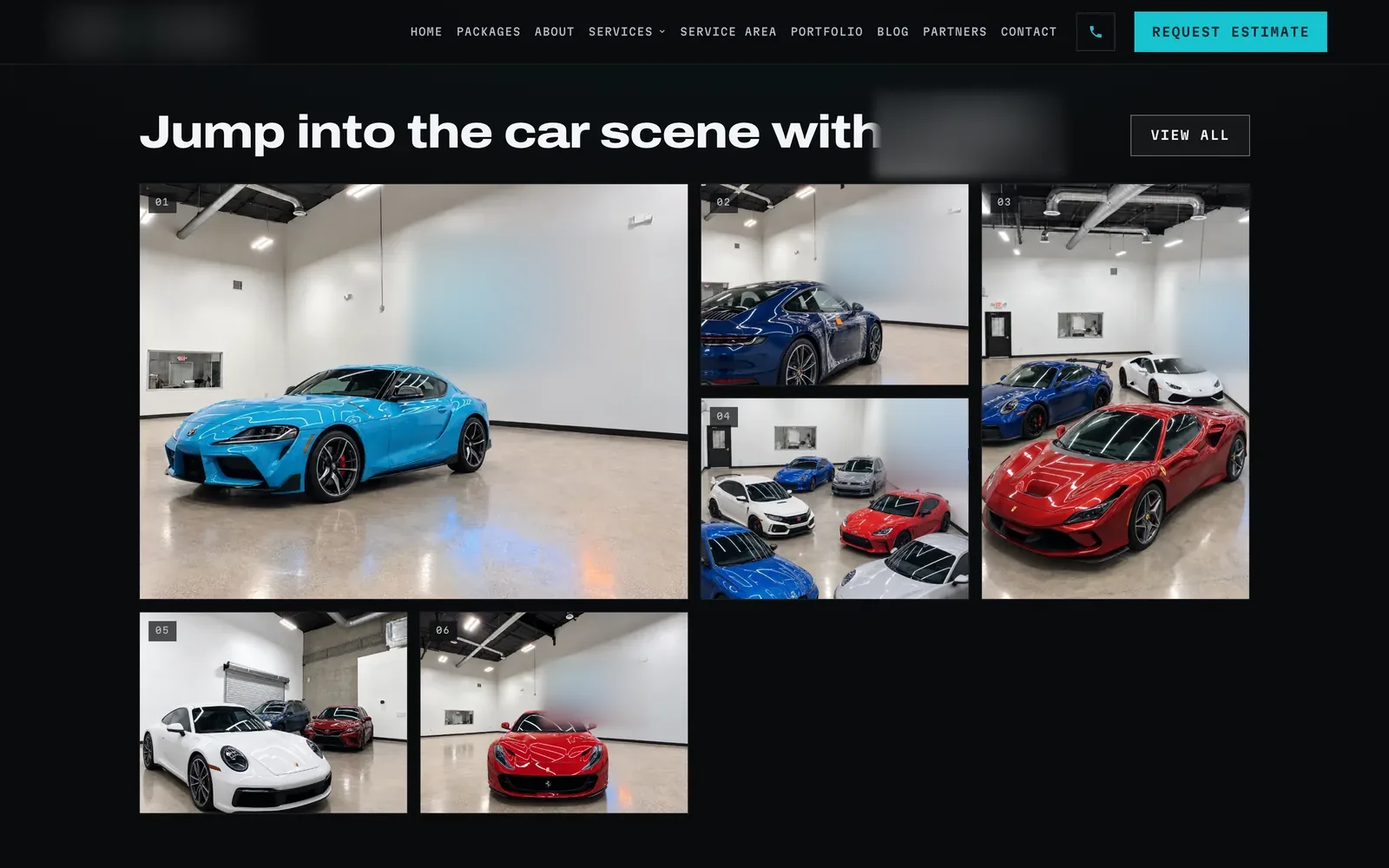 The bay photo section of the shop site: a grid of six photos of cars in a white bay under a lit blue wall sign (the shop name is blurred), including a blue Toyota Supra, a blue Porsche 911 and a red Ferrari.