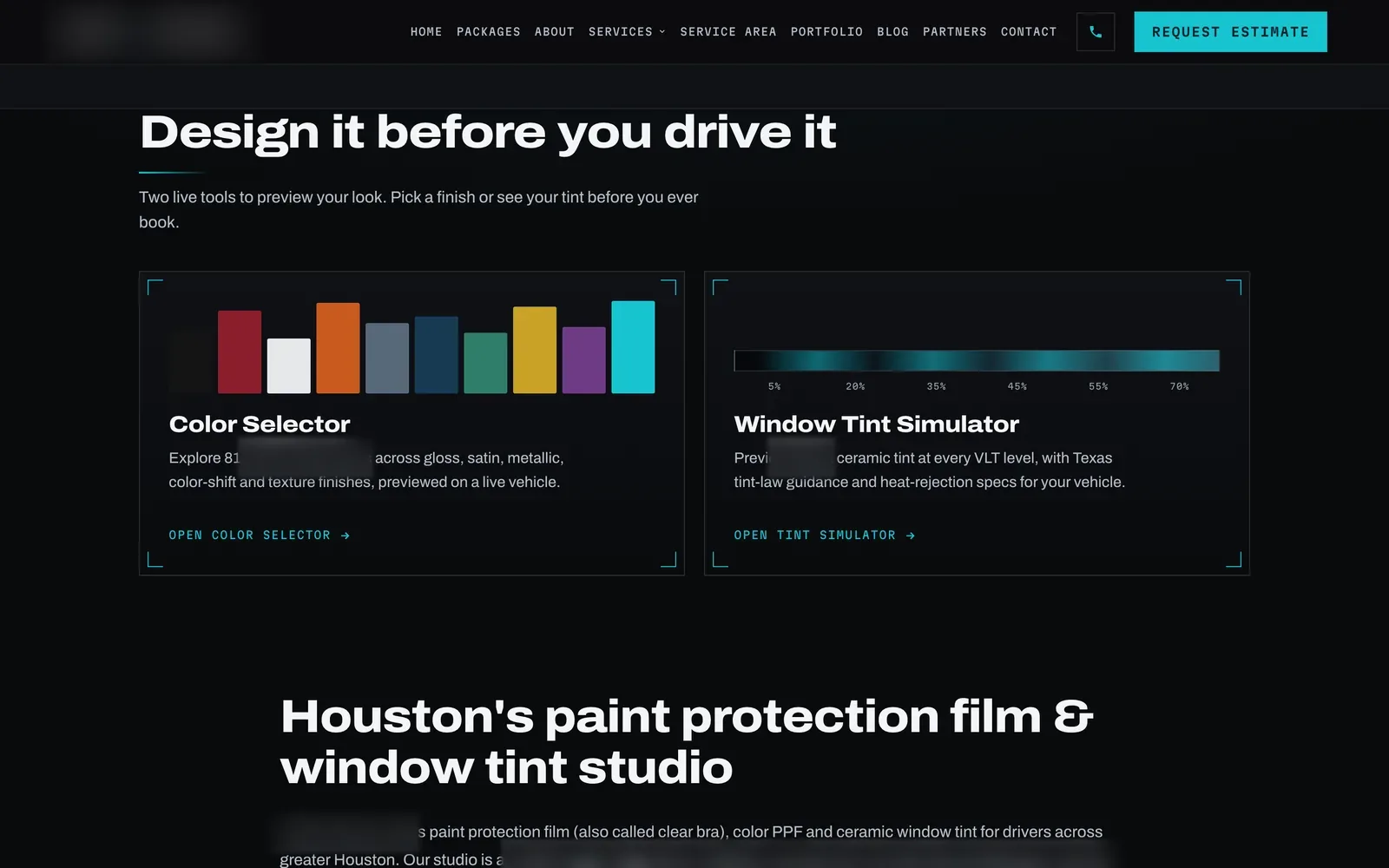 The 'Design it before you drive it' section with two cards: the Color Selector with a row of color swatches, and the Window Tint Simulator with a shade bar from dark to light.