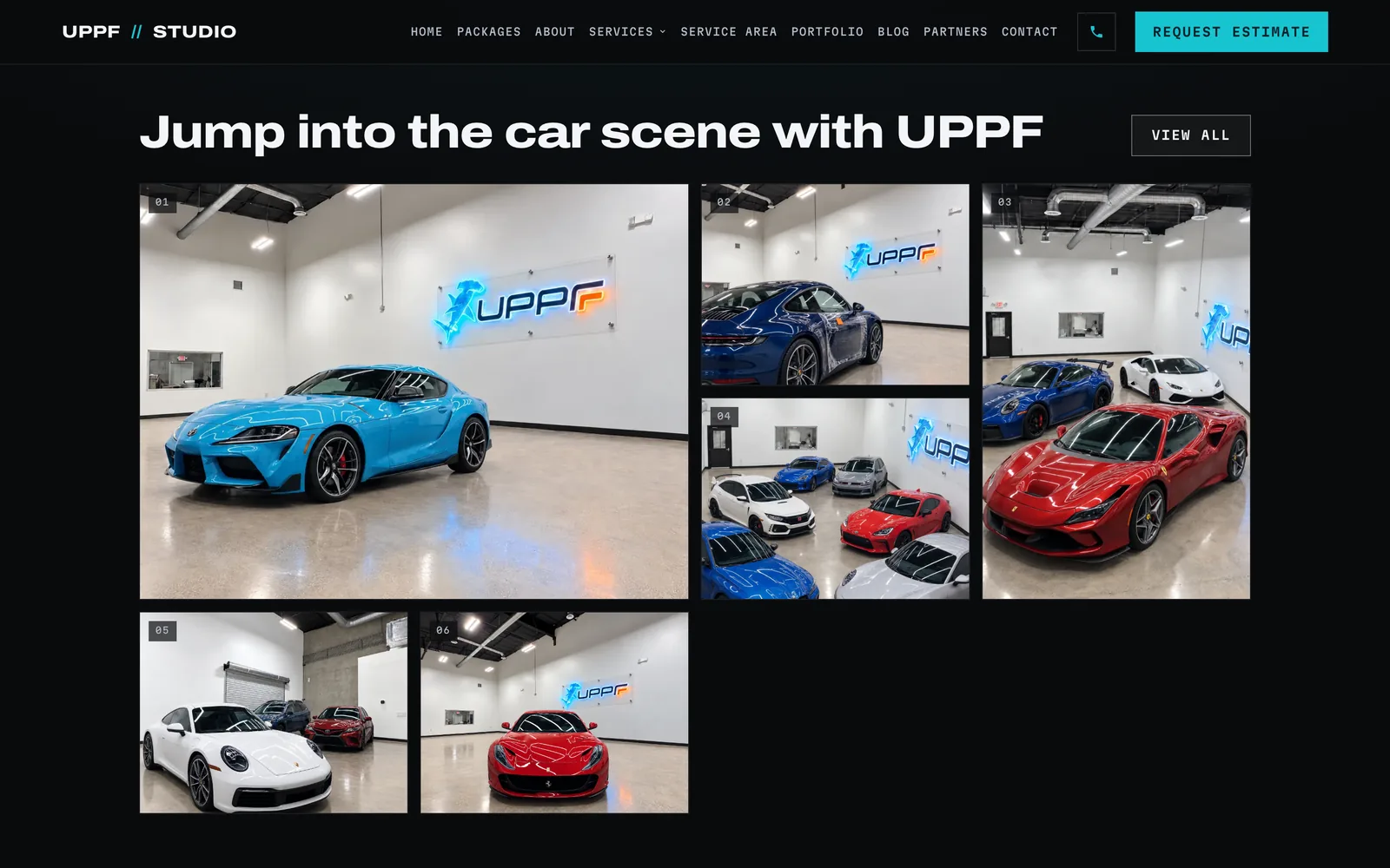The 'Jump into the car scene with UPPF' section: a grid of six photos of cars in a white bay under a lit blue UPPF sign, including a blue Toyota Supra, a blue Porsche 911 and a red Ferrari.
