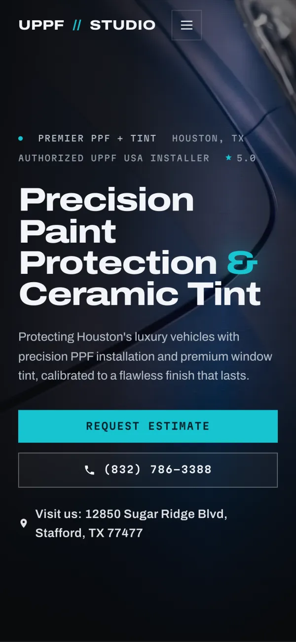 UPPF Studio home page on a phone: the headline 'Precision Paint Protection & Ceramic Tint', a Request Estimate button, a call button and the shop address.