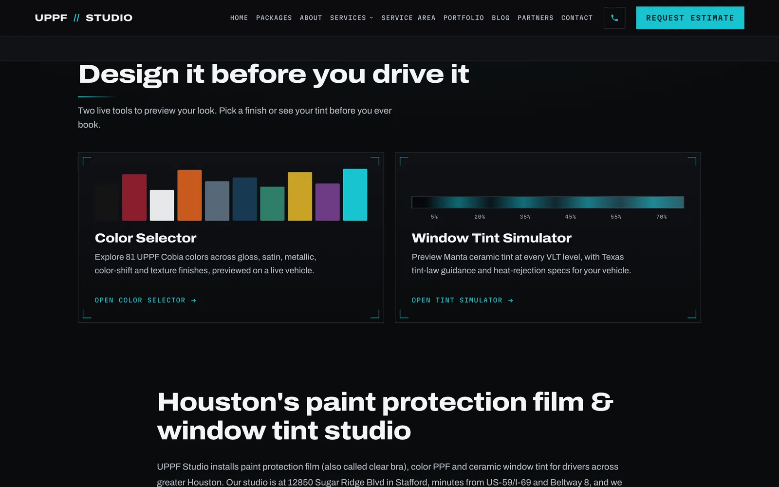 The 'Design it before you drive it' section with two cards: the Color Selector with a row of color swatches, and the Window Tint Simulator with a shade bar from dark to light.